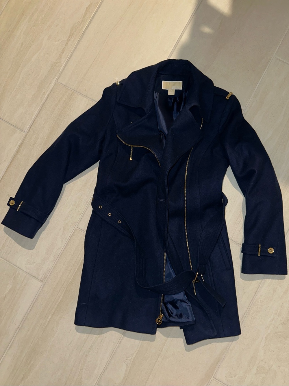 Michael Kors Navy Trench Coat with Gold Hardware